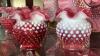 Cranberry Opalescent Hobnail Glass Vases & Bowls w/ Ruffled Edges - 5