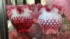 Cranberry Opalescent Hobnail Glass Vases & Bowls w/ Ruffled Edges - 12