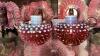 Cranberry Opalescent Hobnail Candle Holders, Glass Bowls & Sugar and Creamer Set - 6