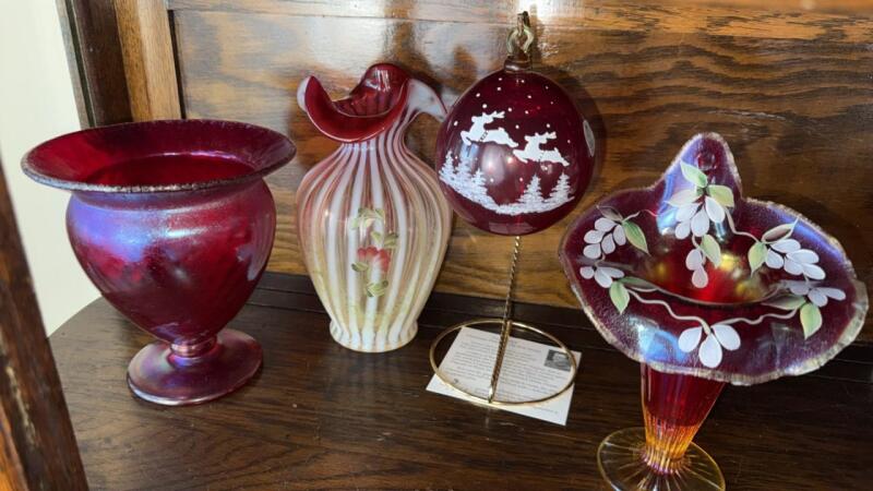Fenton Ruby Red Glass Vases & Christmas Ornament