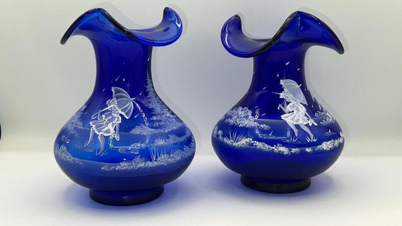 Fenton Cobalt Blue 100th Anniversary Ruffled Rim Vases (2)
