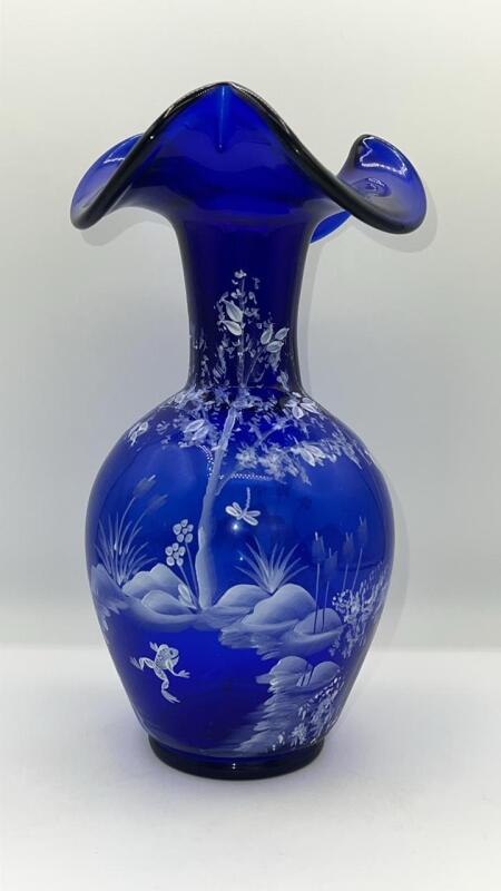 Fenton Cobalt Blue Ruffled Rim Hand Painted Vase