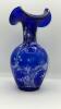 Fenton Cobalt Blue Ruffled Rim Hand Painted Vase - 12