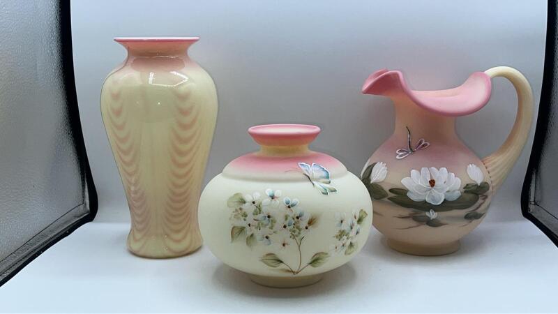 Fenton Burmese Glass Pitcher & Temple Vase w/ Hand Blown Glass Vase