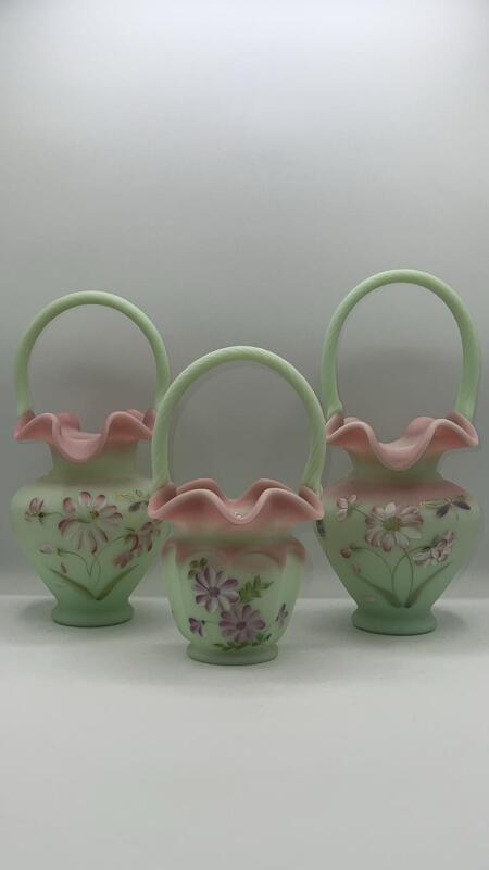 Fenton Daisy Butterfly on Lotus Mint Burmese 2001 Hand Baskets (3)