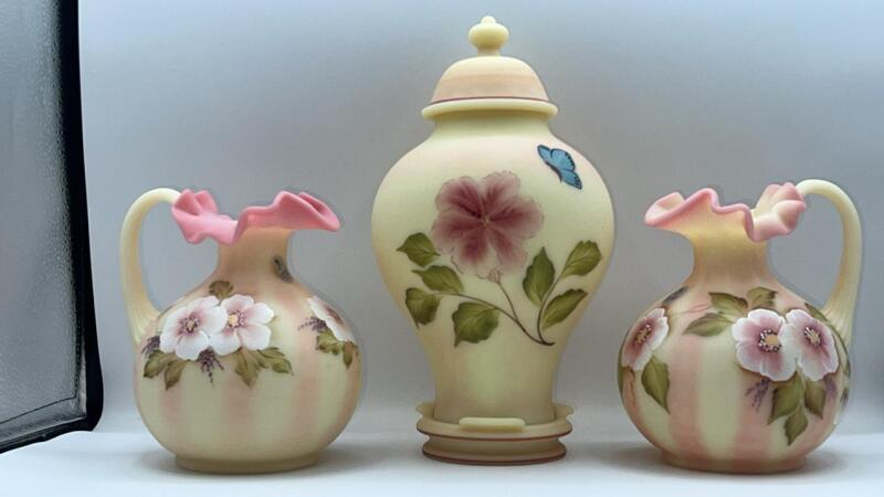 Fenton Burmese Glass Ginger Jar & Pitchers (2)