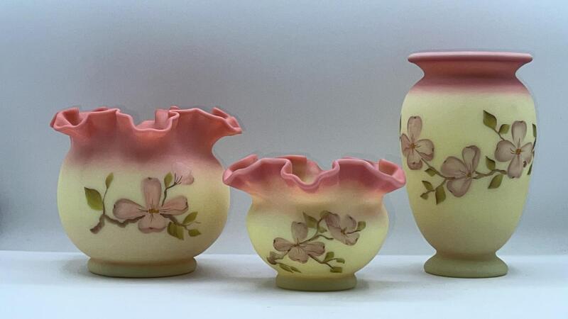 Fenton Burmese Glass Pink Dogwood Vases (3)