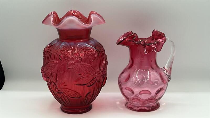 Cranberry Glass Vase & Pitcher