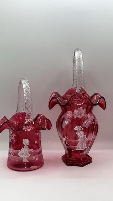 Fenton Mary Gregory Style Cranberry Ruffled Rim Hand Baskets (2)