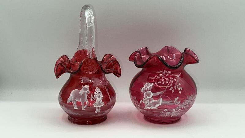 Fenton Cranberry Ruffled Rim Hand Basket & Vase