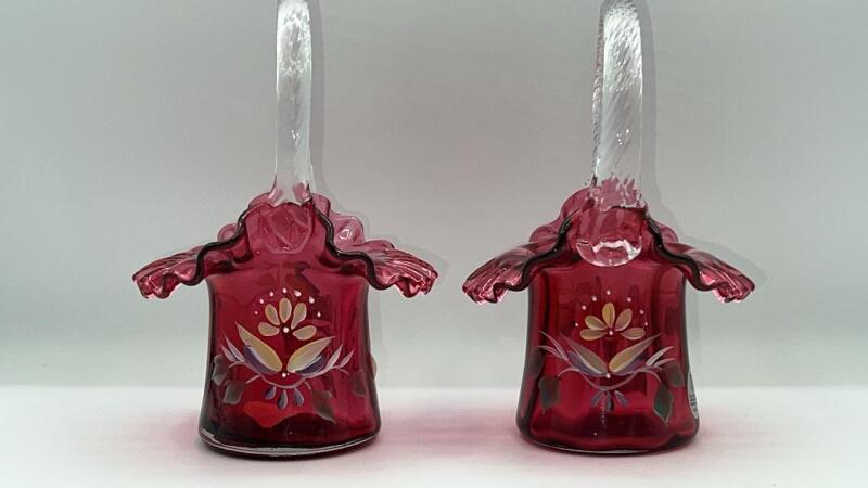 Fenton Cranberry Ruffled Rim Hand Baskets (2)