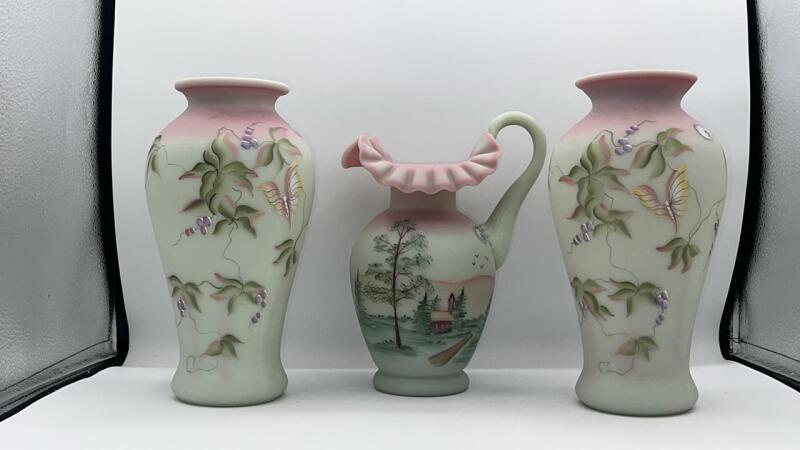 Fenton Lotus Mist Burmese Glass Pitcher & Vases (2)