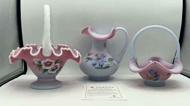Fenton Burmese Glass Pitcher & Hand Baskets (2)
