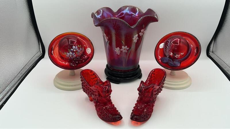 Fenton Ruby Red Glass Hats, Vase & Cathead Glass Slipper Shoes (2)