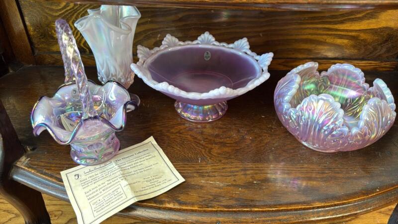 Fenton Pink Opalescent Compote, Empress Lotus Rose Bowl, Hand Basket & Handkerchief Vase