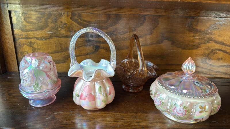 Fenton Beaded Powder Jar, Iridescent Hand Basket & Atlantis Koi Fish Fairy Lamp w/ Pink Opalescent Hand Basket