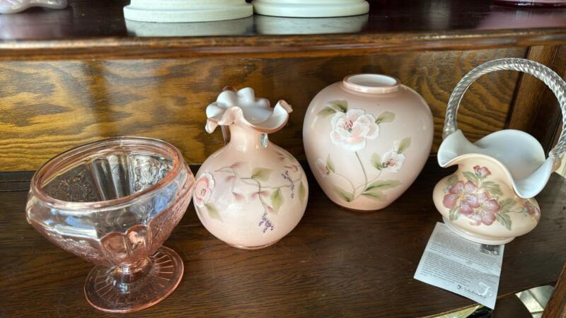 Fenton Peach Cased Glass Pitcher, Hand Basket & Ginger Jar w/ Pink Depression Candy Dish
