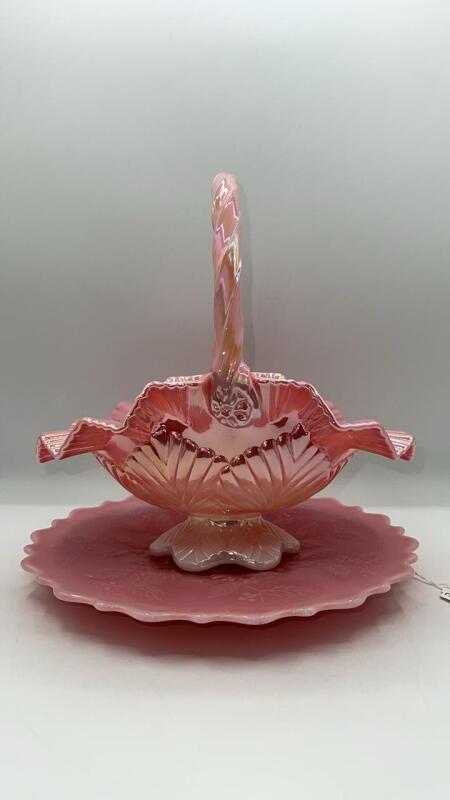 Fenton Leaf Tiers Pink Opalescent Cake Plate & Pink Iridescent Glass Hand Basket