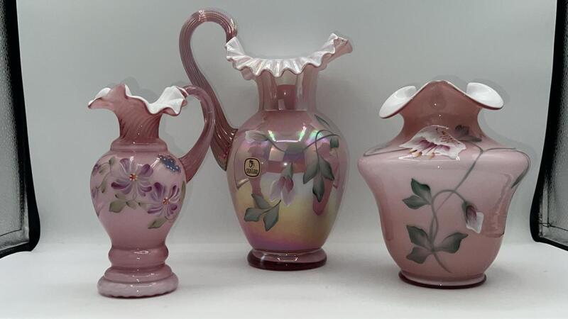 Fenton Rosalene Pitcher w/ Dusty Rose Overlay Vase & Pitcher