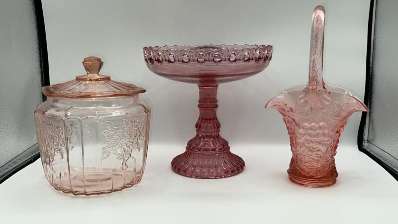 Pink Carnival Glass Hand Basket, Pink Rose Compote & Pink Cookie Jar w/ Lid