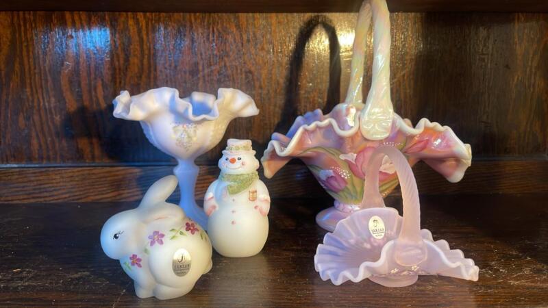 Fenton Satin Glass Baskets & Figures w/ Frosted Milk Glass Compote