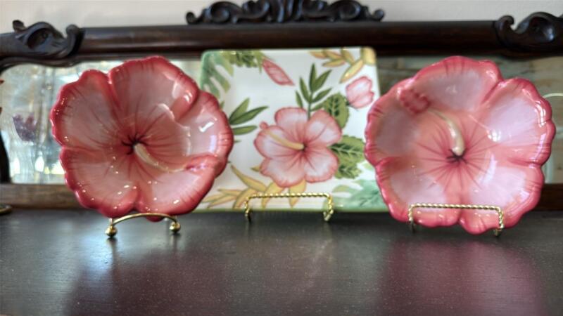 Clay Art Pink Hibiscus Ceramic Plates (3)