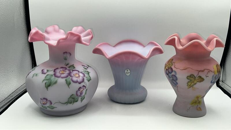 Fenton Blue Burmese Vases (2) & Burmese Pinch Vase