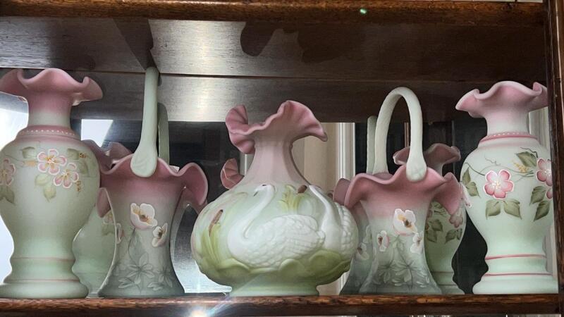 Fenton Lotus Mist Burmese Hand Baskets (2), Vases (2) & Swan Vase