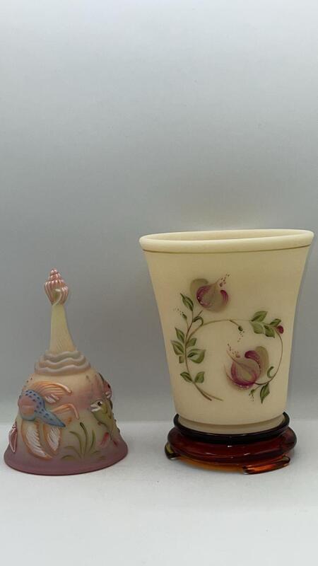 Fenton Burmese Atlantis Bell & Hand Painted Flip Vase w/ Stand