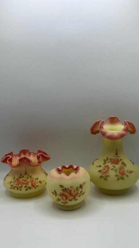 Fenton Rose Burmese Rose Bowl & Vases (2)