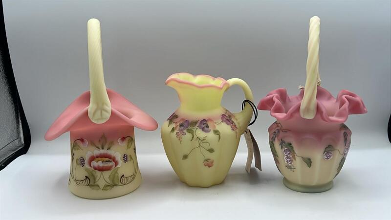 Fenton Burmese Glass Pitcher & Hand Baskets (2)