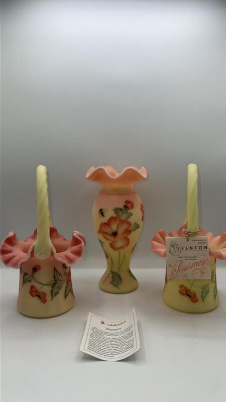 Fenton Burmese "Let's Bee Burmese" Vase & Hand Baskets (2)