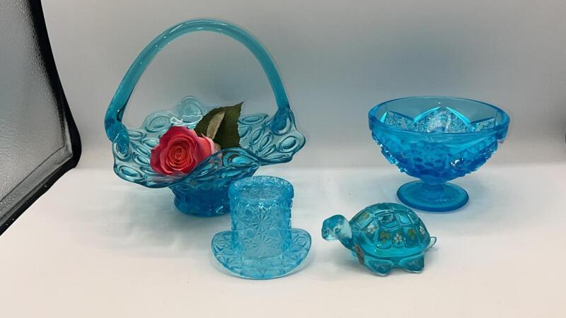Fenton Aqua Glass Turtle Figurine & Colonial Blue and Aqua Glass
