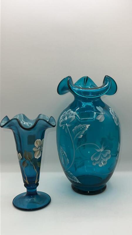 Fenton Indigo Glass Trumpet Vase & Turquoise Bill Fenton Memorial Vase