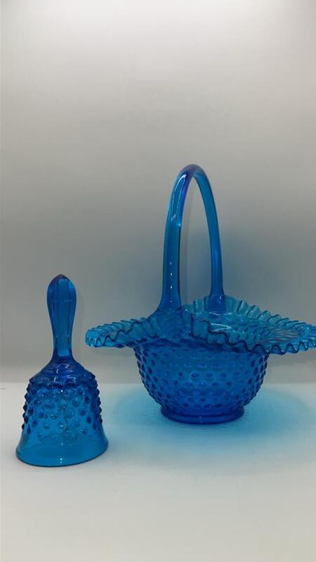 Fenton Colonial Blue Hobnail Glass Hand Basket & Bell