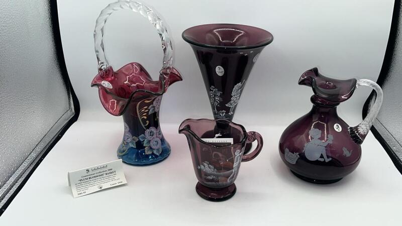 Fenton Aubergine Mary Gregory Style Glass & Plum Blossoms Hand Basket