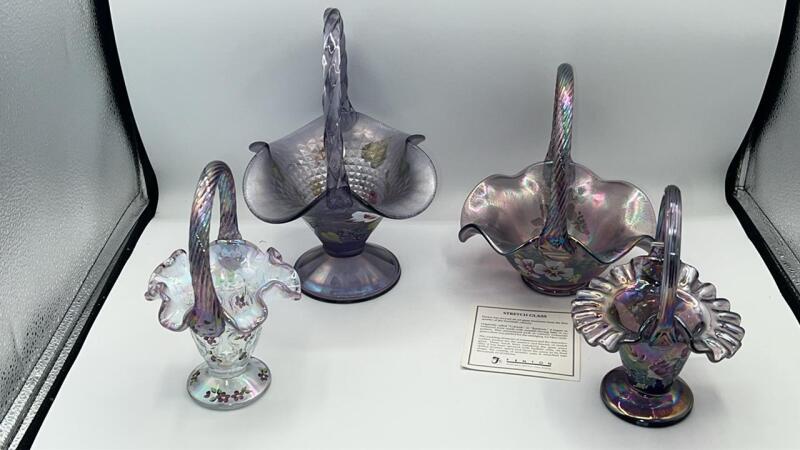 Fenton Plum Glass Hand Baskets (3) & Amethyst Carnival Hand Basket