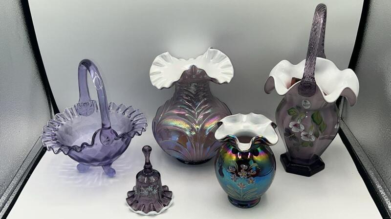 Fenton Amethyst & Lavender Overlay Glass, Wisteria Threaded Diamon Optic Basket & Iridescent Vase