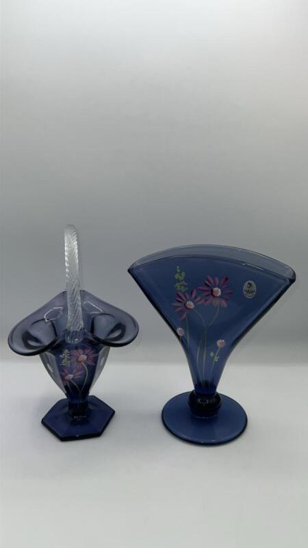 Fenton Hyacinth Glass Hand Basket & Fan Vase