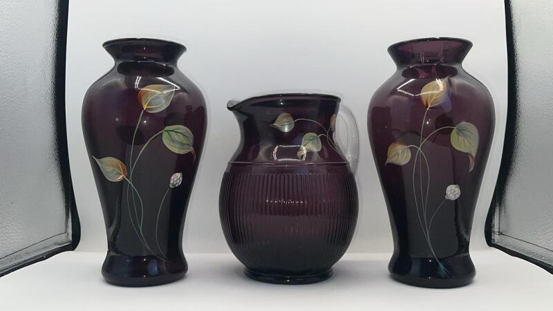 Fenton Aubergine Glass Pitcher & Vases (2)