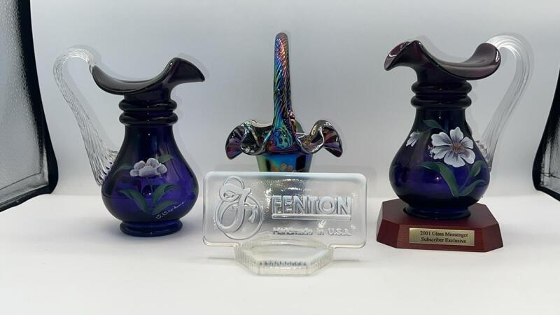 Fenton Amethyst Carnival Hand Basket, Royal Purple Pitchers (2) & Dealer Display Sign