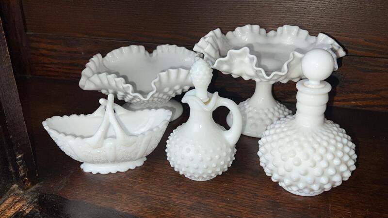 Hobnail Milk Glass w/ Daisy & Button Split Twig Handle Basket