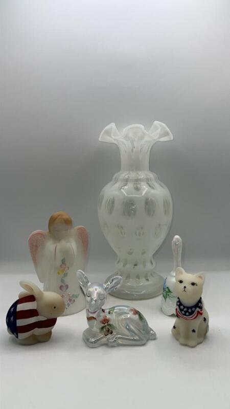 Fenton Glass Figurines & French Opalescent Coin Dot Vase