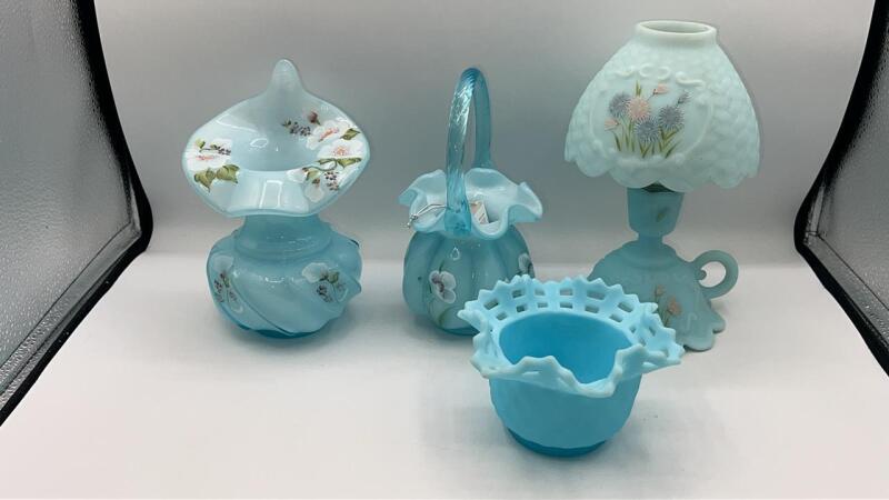 Fenton Blue Satin Basket Weave Bowl, Blue Topaz Hand Basket & Wavecrest Vase w/ Blue Satin Fairy Lamp