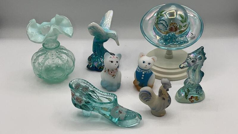 Fenton Glass Figurines, Bonnet & Beaded Melon Vase