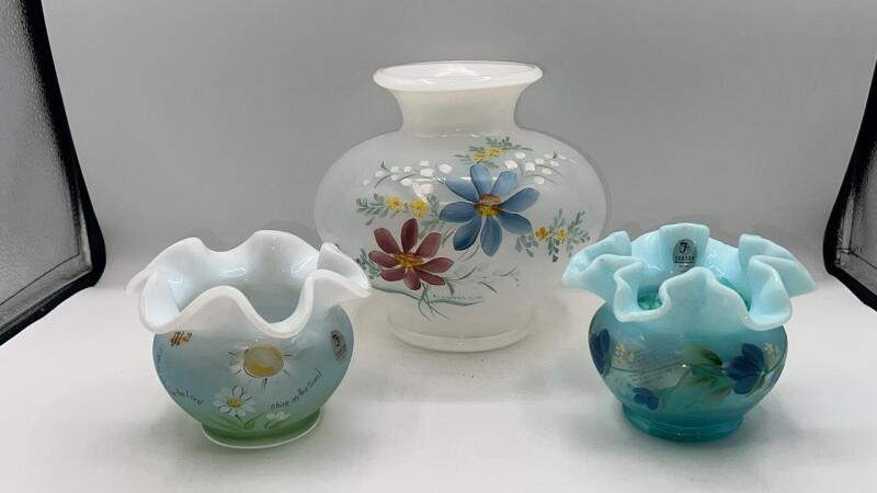 Fenton Glass Rose Bowls (2) & Milk Glass Provincial Bouquet Vase