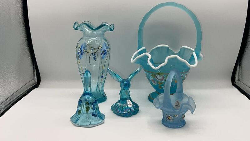 Fenton Hand Baskets, Bell & Aqua Blue Floral Vase