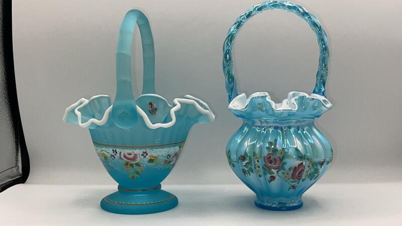 Fenton Celeste Blue Iridescent Melon Hand Basket & Blue Topaz Satin Charleton Collection Hand Basket