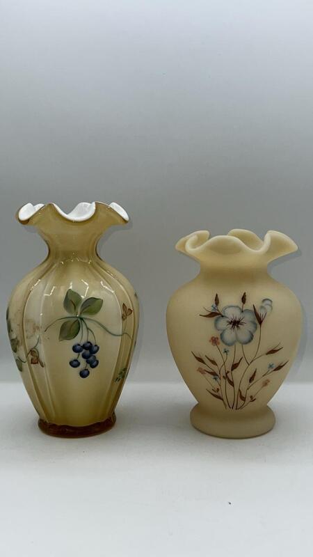 Fenton Yellow Cream Berries and Leaves Vase & Fenton Wildflower on Cameo Satin Vase