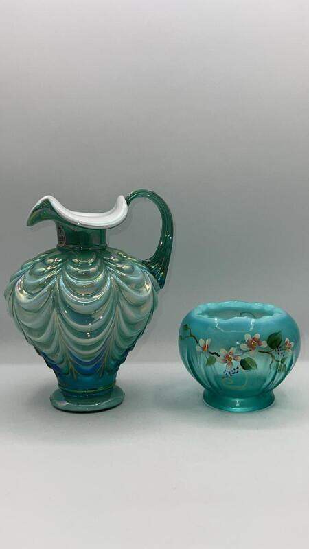 Fenton Spruce Green Iridescent Drapery Pitcher & Opalescent Rose Bowl
